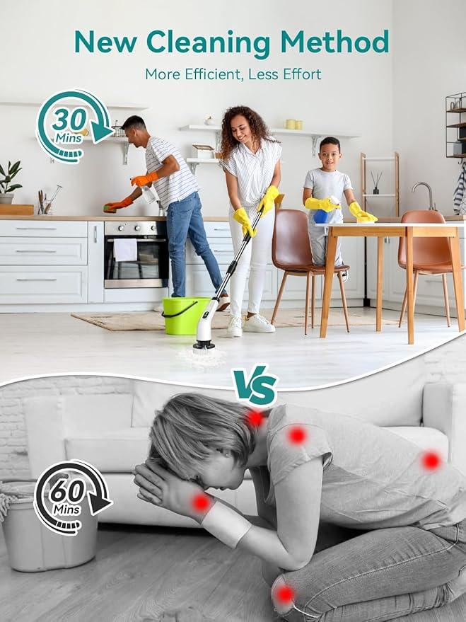 3-Speed Electric Spin Scrubber for Bathroom, 120Mins Runtime, Cordless Power Cleaning Brush with 8 Brush Heads, 3000mAh Shower Scrubber with Long Handle, Floor Scrubber, Grout Brush Bathtub Cleaning - NeatNest