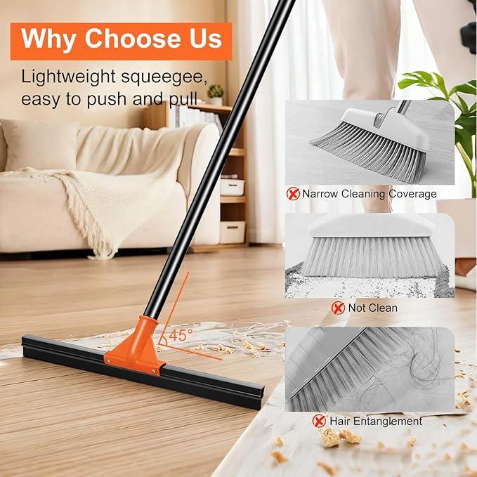 Heavy Duty Floor Squeegee with Long Handle, 18" Rubber Wiper Broom for Concrete Tile Cleaning Commercial Scrubber Mop for Garage Deck Bathroom Kitchen Pool Glass - NeatNest