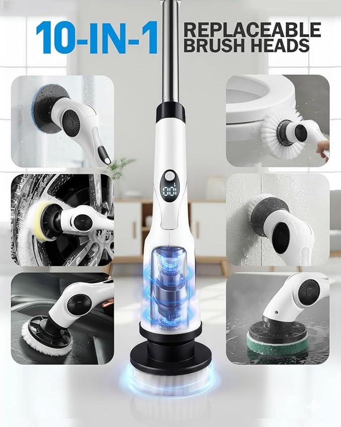 Electric Spin Scrubber, 3-Speed Cordless Shower Scrubber with 90° Adjustable & 10 Replaceable Brush Heads, 90 Mins Runtime & Full-Body IPX7 Waterproof Shower Cleaner Brush with Long Handle - NeatNest