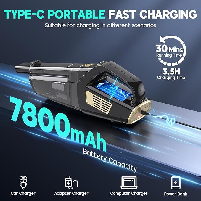 Handheld Vacuum Cordless, 15000PA Strong Suction Hand Held Car Vacuum Cleaner Portable with Multi-Nozzles & Washable Filter, Lightweight Dust Busters Rechargeable for Home, Car, Office, Pets - NeatNest