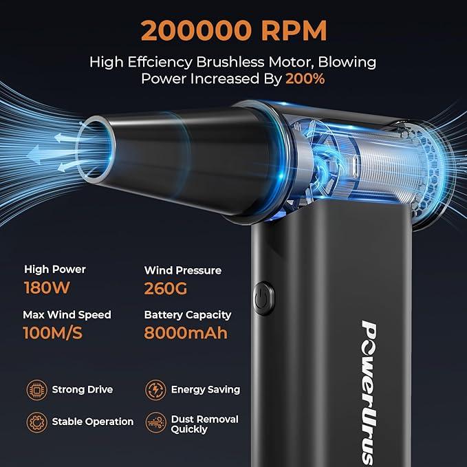 Compressed Air Duster, PowerUrus 200000RPM Electric Air Duster with Brushless Motor, 4-Gear Adjustable Cordless Air Blower, 8000mAh Rechargeable Air Duster for Keyboard, PC, Outdoor and Home Cleaning - NeatNest