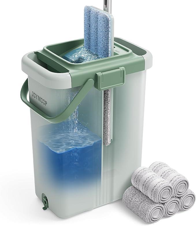 JOYMOOP Mop and Bucket Set - Mops for Floor Cleaning & Wall Cleaner with Long Handle, Include 5 Microfiber Mop Pads - Green Bucket (X-Large) - NeatNest