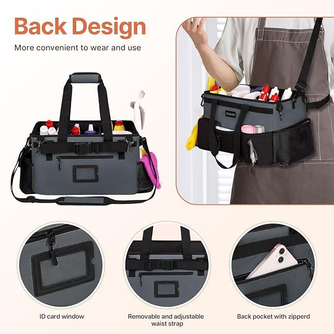 Large Wearable Cleaning Caddy Bags,Cleaning Supplies Storage Bag with Handles and Adjustable Shoulder Strap and Removable Waist Straps,Waterproof Cleaning Bags for Home,Car,Office (Gray) - NeatNest