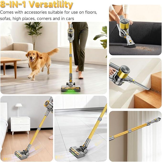 Cordless Stick Vacuum Cleaner - 45KPA Powerful Suction Vacuum with 45 Min Runtime, Detachable Battery, Anti-Tangle & 1.5L Dust Cup, 8 in 1 Vacuum Cleaner for Pet Hair, Carpet, HardFloor, Yellow - NeatNest