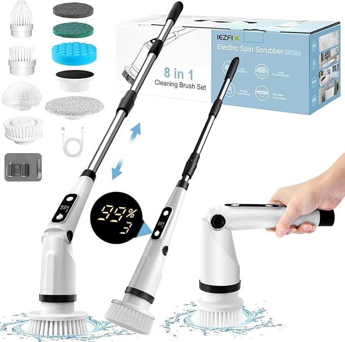 IEZFIX Electric Spin Scrubber, Bathroom Power Shower Scrubber Cleaning Brush for Tub/Tile/Floor/Toilet/Kitchen, 8 Cleaner Scrub Brush Heads, 3 Speeds 450RPM Max, Telescopic Rod Black - NeatNest