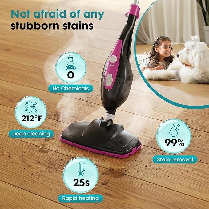 Steam Mop for Floor Cleaning, Handheld Electric Mop Steamer for Home, Hardwood Floor Steamer for Kitchen, Living Room Wood Floor Tile Carpet Clothes Cleaning, Black and Pink - NeatNest