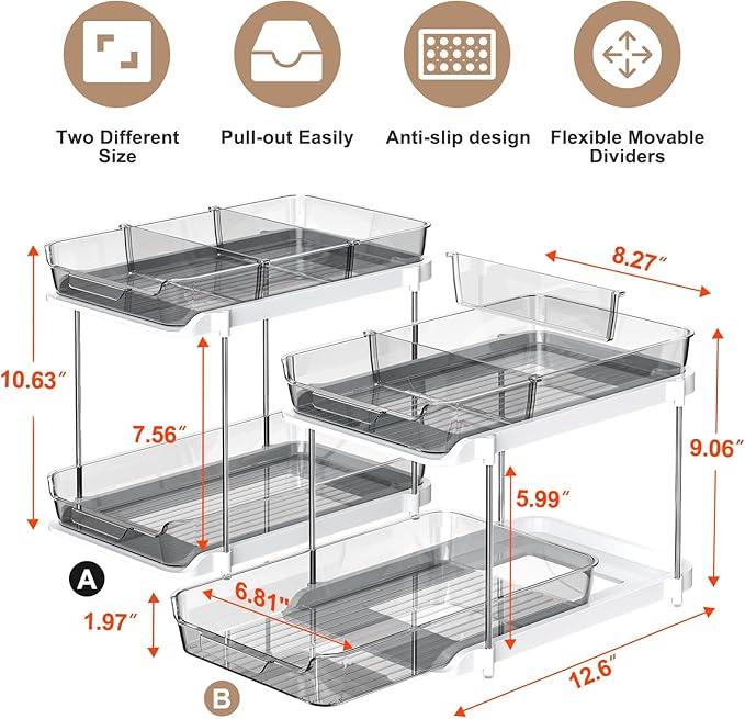 Delamu 2-Tier Multi-Purpose Bathroom Under Sink Organizers and Storage, Stackable Kitchen Pantry Organization, Pull Out Medicine Cabinet Organizer with Movable Dividers, Grey, 2 Pack - NeatNest