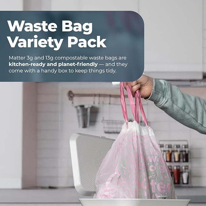 Matter Compostable Variety Pack 3 Gallon and 13 Gallon Kitchen Trash Bags with Drawstring, Unscented, Durable, Leak-Resistant, Eco-Friendly, 70 Count - NeatNest