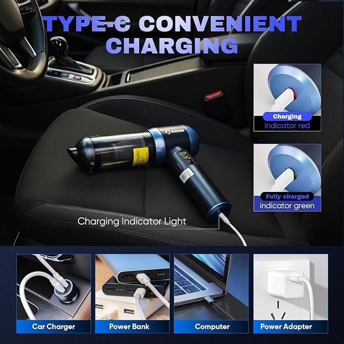Saker Car Vacuum Portable Cordless 20000Pa Suction Power 4 in 1 Handheld Vacuum with LED Light Type-C Portable Mini Vacuums for Car, Home, Office, Pet HL157 Blue - NeatNest