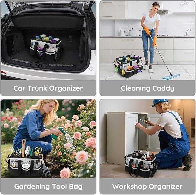 ZKOO Large Cleaning Caddy Bag with Handle, Built-in Sturdy Support Board, Adjustable Shoulder Strap, Multi-compartment Design Cleaning Supply Tote for Cleaners & Housekeepers (White) - NeatNest