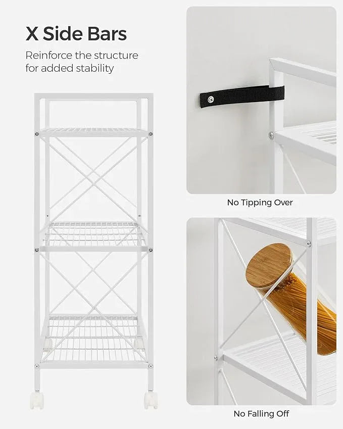 SONGMICS 3-Tier Metal Storage Rack with Wheels, Mesh Shelving Unit with X Side Frames, 23.6-Inch Width, for Entryway, Kitchen, Living Room, Bathroom, Industrial Style, White UBSC163W01 - NeatNest