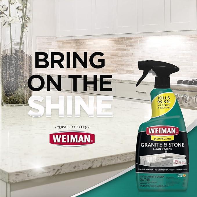 Weiman Disinfectant Granite Daily Clean & Shine (2 Pack with Polishing Cloth) Safely Clean Disinfect and Shine Granite Marble Soapstone Quartz Quartzite Slate Limestone Corian Laminate Tile Countertop - NeatNest