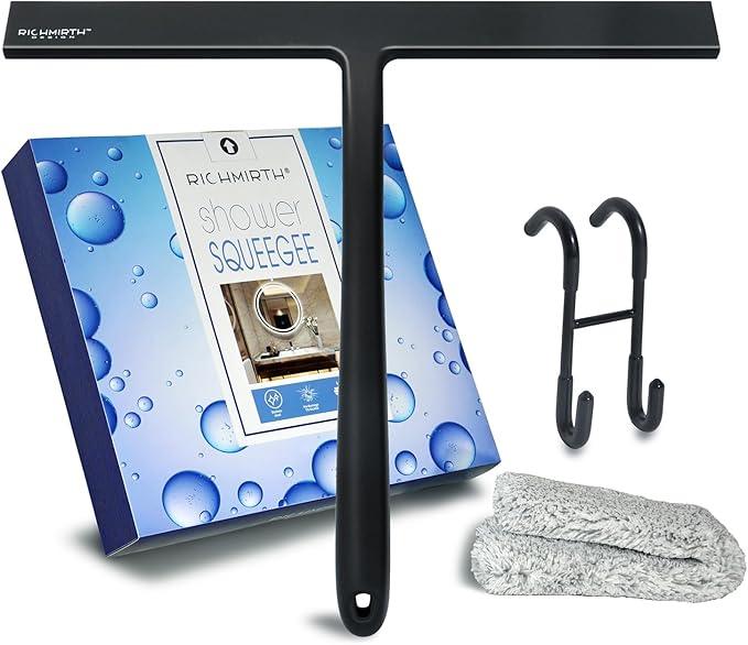 12 Inch Silicone Shower Squeegee for Glass Doors with Hook – Streak-Free Window Cleaner for Bathroom, Mirror, Tile & Car, No Scratch Squeegee with Metal Core (Black) - NeatNest
