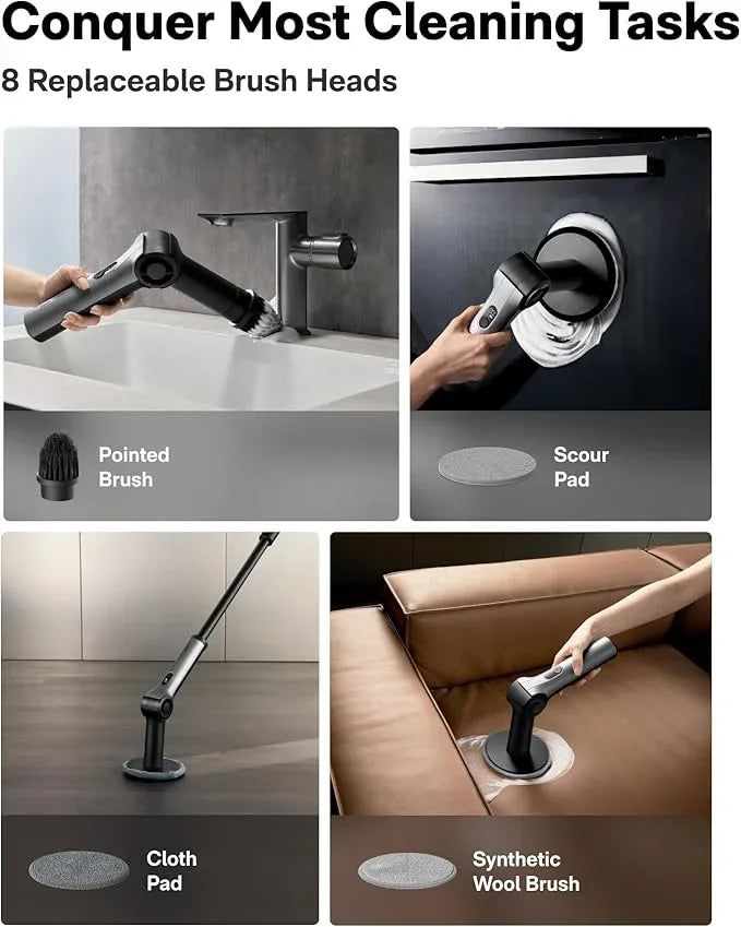 HOTO Flexi™ Cordless Electric Spin Scrubber, Adjustable Angle, Extendable Handle, Smart Display, IPX7 Waterproof, Powerful Cleaning Scrubber with 8 Replaceable Brush Heads, for Bathroom, Tile, Bathtub - NeatNest