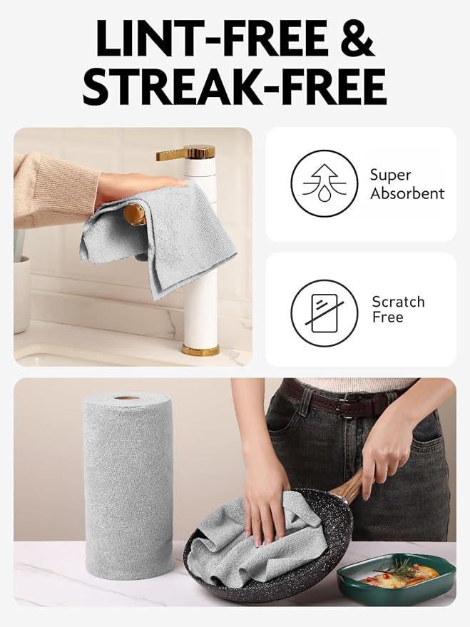 Fantasticlean Microfiber Cleaning Cloth Roll -150 Pack, Tear Away Microfiber Towels, 12" x 12", Reusable, Washable, Ultra Absorbent Dishcloth for Home Supplies, Car, Pet, Kitchen (Pink & Grey) - NeatNest