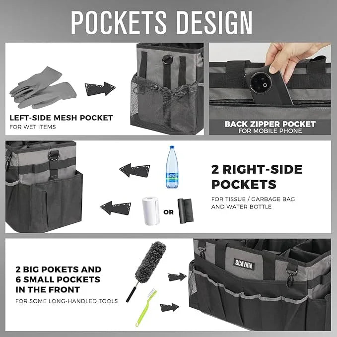 Wearable Cleaning Caddy Bag, Cleaning Caddy Supplies Organizer with Handle & Shoulder Straps for Housekeepers, Under Sink & Car Cleaning Tool Organizers with 4 Foldable Divider (DarkGrey) - NeatNest