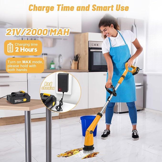 Qimedo 1500 RPM Electric Spin Scrubber with Two Batteries Q2 Pro, Cordless Battery Powered Shower Scrubber,Electric Tile Floor Scrubber with Display for Grout/Tile/Tub (Effortless Handle/8 Brushes) - NeatNest