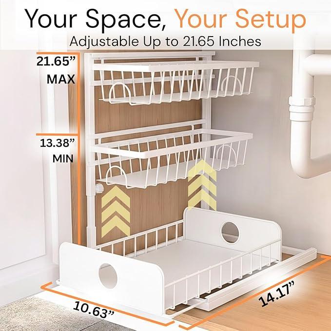 Under Sink Organizer, 1 Pack, 2 Tier Pull Out Sliding Shelf, Adjustable Height, Heavy Duty, Cabinet Organizer for Kitchen Bathroom, Tool-Free Install, White - NeatNest