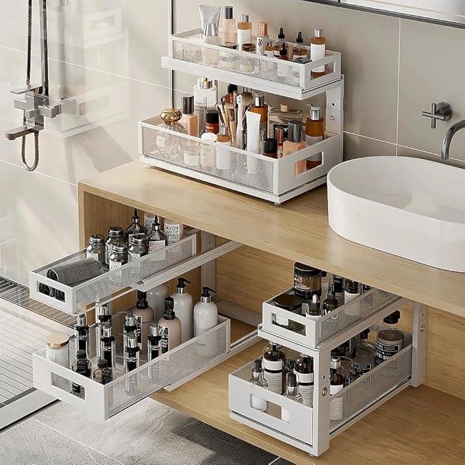 2 Pack 18.5IN-Depth Under Sink Organizer With Next-Gen Ball-Bearing Slides,2-Tier Pull Out Cabinet Storage,Height Adjustable Drawer Shelf for Bathroom,Kitchen,Laundry,Cabinet,Pantry-White - NeatNest