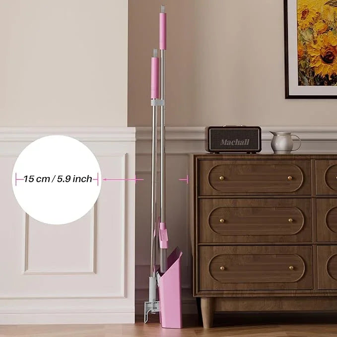 JOYMOOP Pink Broom and Dustpan Set with 56” Handle, Upright Angle with Built-in Comb Teeth for Hardwood Floors and Pet Hair - NeatNest
