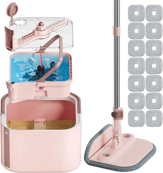 Upgraded Spin Mop and Bucket Self-Standing Mop Bucket Separate Dirty and Clean Water System Self Wringing 360° Rotating & 90° Foldabl Mops and Buckets for Floor Cleaning (Pink, 14Pads) - NeatNest