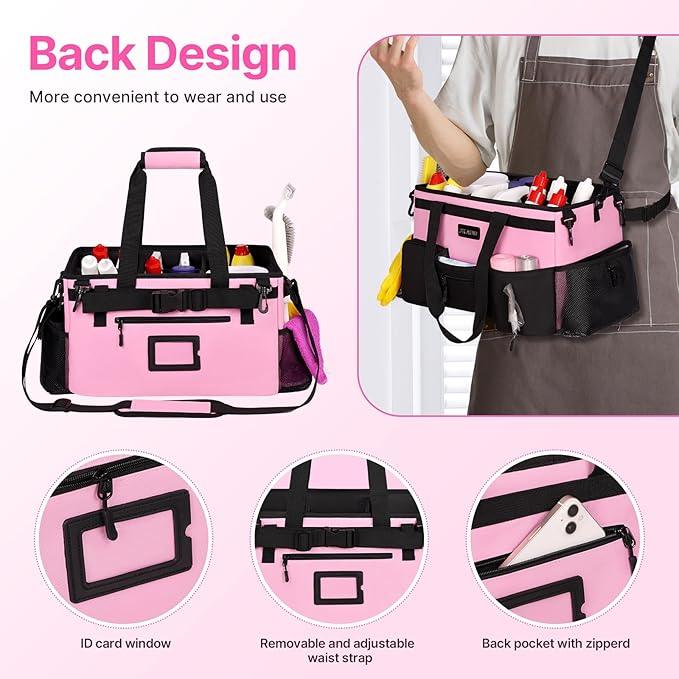 Large Wearable Cleaning Caddy Bags,Cleaning Supplies Storage Bag with Handles and Adjustable Shoulder Strap and Removable Waist Straps,Waterproof Cleaning Bags for Home,Car,Office (Pink) - NeatNest