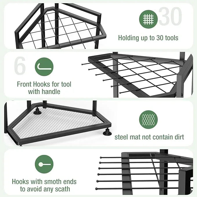 Garden Tool Organizer for Corner,Metal Yard Tool Organizer for Long-Handled Tools/Rakes/Brooms,Side Garden Pocket,Heavy Duty Steel Yard Tool Storage Rack for Garage,Shed, Outdoor - NeatNest