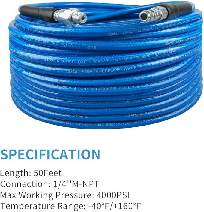 Pressure Washer Sewer Jetter Kit, 50 FT Hydro Drain Jetter Cleaner Hose, Button Nozzle and Rotating Sewer Jetting Nozzle, Orifice 4.0, 4.5, 1/4 inch NPT, 3000 PSI - NeatNest