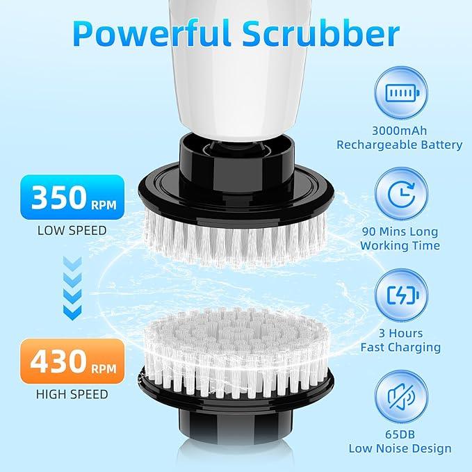 White Electric Spin Scrubber, Cordless Spin Scrubber with 8 Replaceable Brush Heads, Electric Scrub Brush with Adjustable Extension Handle, Electric Cleaning Brush for Bathroom, Tile and Bathtub - NeatNest