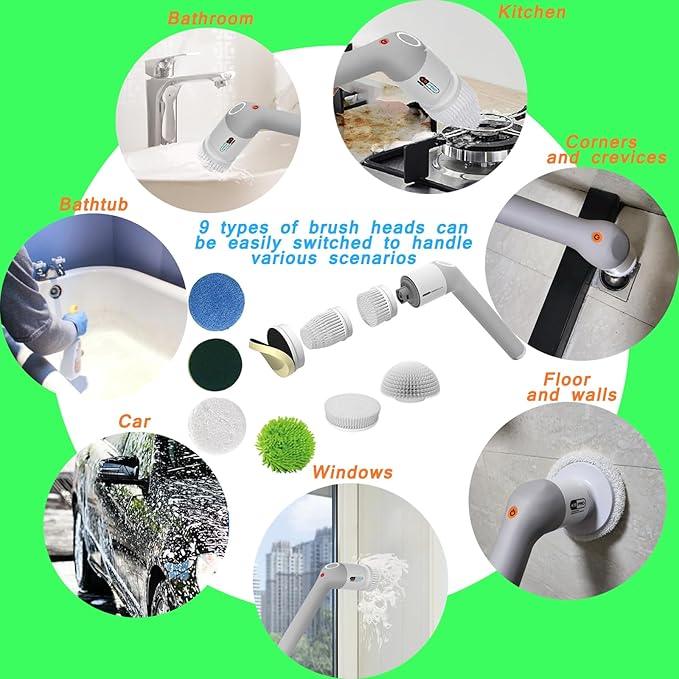 Electric Spin Scrubber,Bathroom Cleaner Brush with Full-Body IPX7 Waterproof,Shower Scrubber with Long Handle,Power Cleaning Brush with 9 Brush Heads,Cordless Scrubber for Kitchen,Tub,Tile,Galss,Floor - NeatNest
