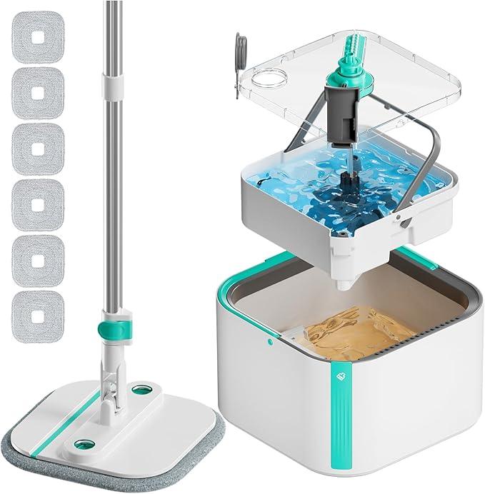 Upgraded Spin Mop and Bucket Set Self-Standing Mop Bucket Separate Dirty and Clean Water System Self Wringing 360° Rotating 90° Foldabl Mops and Buckets for Floor Cleaning (Blue, 6Pads) - NeatNest