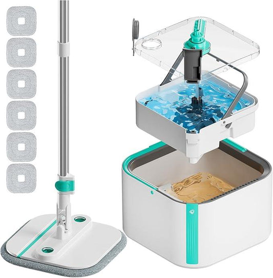 Upgraded Spin Mop and Bucket Set Self-Standing Mop Bucket Separate Dirty and Clean Water System Self Wringing 360° Rotating 90° Foldabl Mops and Buckets for Floor Cleaning (Blue, 6Pads) - NeatNest