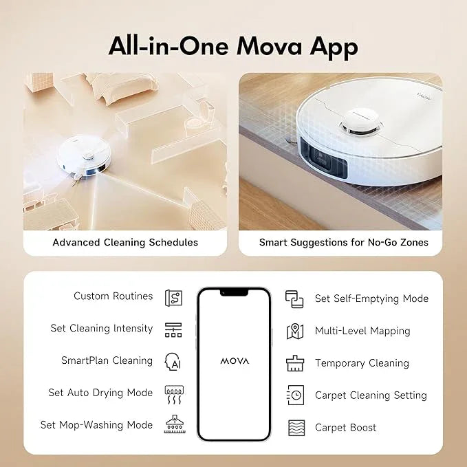 Mova P10 Pro Ultra Robot Vacuum and Mop 13,000Pa Suction, 140°F Hot Water Auto Mop Washing & Drying, Dual Spinning Extenable Mop,10.5mm Lifting for Carpet, 360°Obstacle Avoidance, App Control - NeatNest