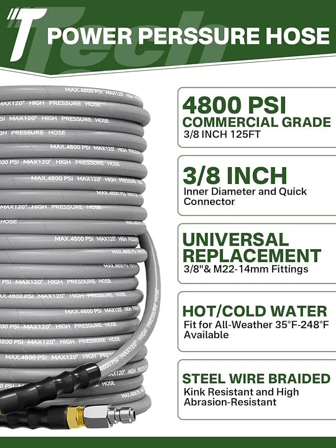 3/8" 4800PSI Pressure Washer Hose 125FT with Swivel Quick Connect for Cold/Hot Water Max 248°F, Kink Resistant Steel Wire Braided, Wear Resistant Power Washer Hose with M22 14mm Adapter - NeatNest