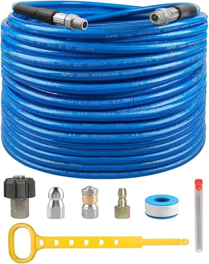 Pressure Washer Sewer Jetter Kit, 100 FT Drain Cleaning Hose, Rotating and Button Nose Sewer Jetting Nozzle,Orifice 4.0, 4.5, 1/4 Inch NPT, 6090 PSI - NeatNest
