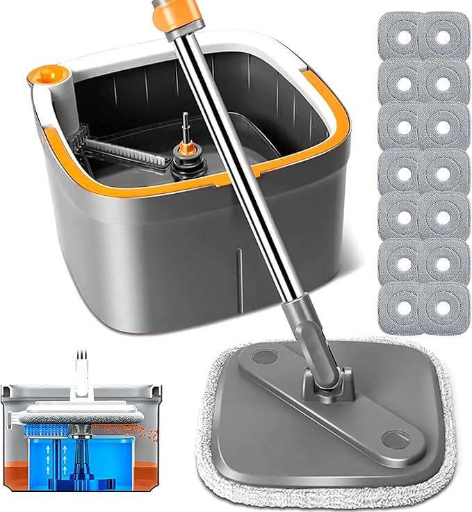 KZKR Spin Mop and Bucket Set with 14 Replaceable Microfiber Mop Pads with Self Separation Dirty and Clean Water System, Self Wringing 360° Rotating Square Mop Head for Hardwood Tile Marble Floors - NeatNest