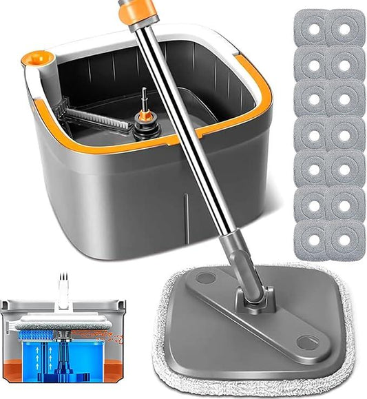 KZKR Spin Mop and Bucket Set with 14 Replaceable Microfiber Mop Pads with Self Separation Dirty and Clean Water System, Self Wringing 360° Rotating Square Mop Head for Hardwood Tile Marble Floors - NeatNest