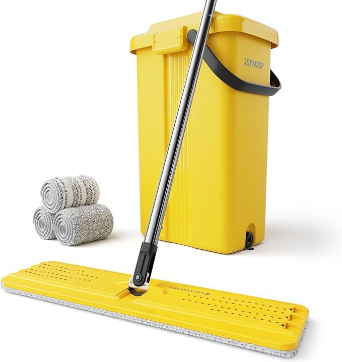 JOYMOOP Industrial Mop and Bucket Set, 17.7-inch Dust Mops for Floor Cleaning, Flat Mop Bucket with Wringer, Include 3 Reusable Microfiber Mop Pads - Yellow - NeatNest