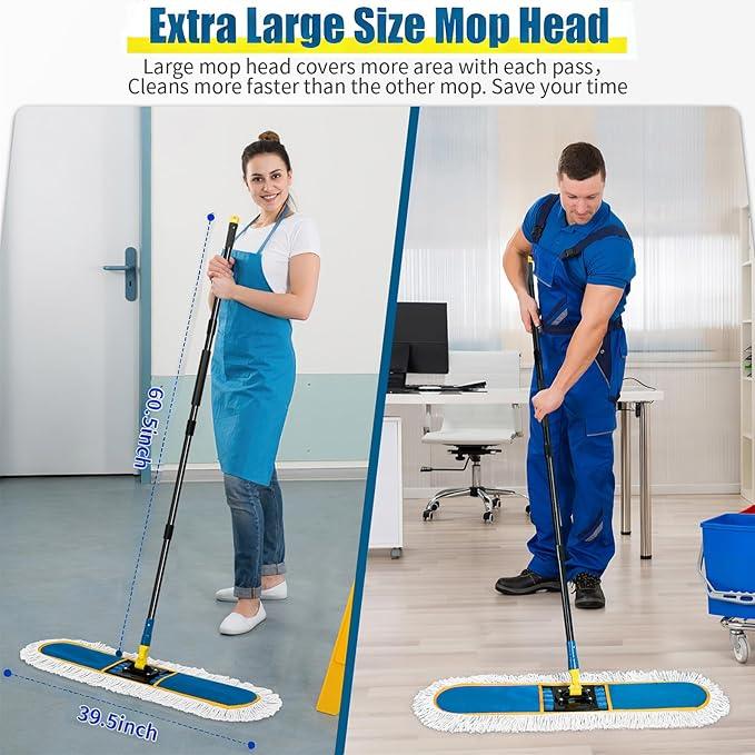 24" Commercial Dust Mop for Floor Cleaning, Heavy Duty Large Industrial Floor Duster with 2 Cotton Mops Pads, Wet Dry Mops for Hardwood Floors,Concrete,Marble,Laminate,Tile,Garage,Blue - NeatNest