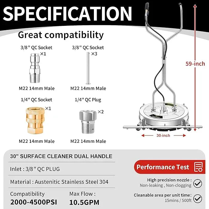 30" Pressure Washer Surface Cleaner Ultra with 7 Nozzles Water Broom, Stainless Steel Dual Handle Power Washer Surface Cleaner Hot Water Supported for Patio Decker Concrete Driveway, 5000 PSI - NeatNest
