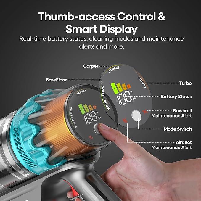 ElecKeys Cordless Vacuum Cleaner, 600W 50KPA 70Mins Self-Standing Vacuum Cleaners for Home, Stick Vacuum with Touch Screen, Upgraded Anti-Tangled Vacuum Cordless for Pet Hair, Floors, Carpets, Gold - NeatNest