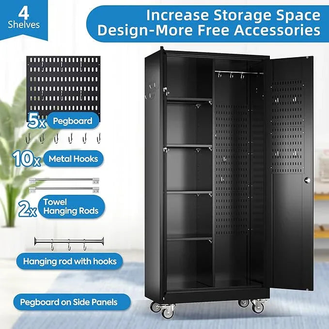 SUXXAN Broom Closet Storage Cabinet with Wheels 71.4"x 31.5"x15.7", Metal Cleaning Cabinets with Hooks and Hanging Rods, Lockable Cabinet with Pegboard, Adjustable Shelf,for Garage, Laundry Room - NeatNest