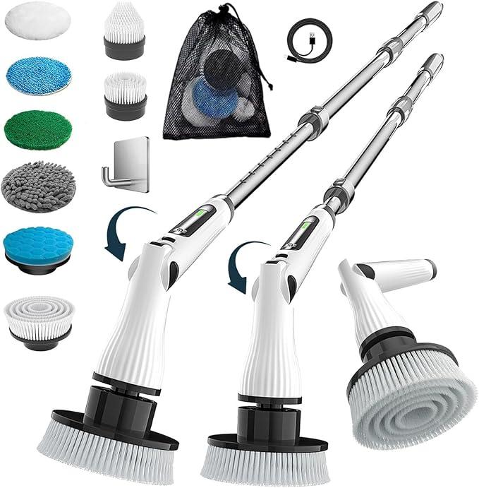Electric Spin Scrubber, 8 in 1 Electric Cleaning Brush, Cordless Rechargeable Scrub Brush with 8 Replaceable Brush Heads, Adjustable Length and Angle Power Scrubber for Bathroom Tile Bathtub Glass - NeatNest