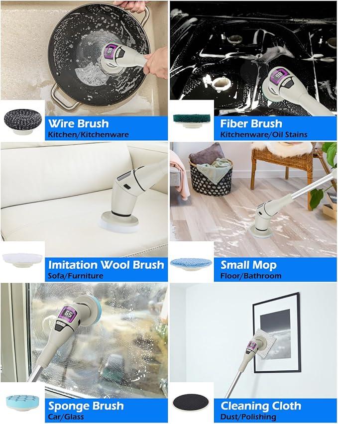 Electric Spin Scrubber Cordless Shower Cleaning Brush with 10 Replaceable Heads Powerful IPX7 Waterproof Bathroom Cleaner 3 Speeds Detachable Long Handle Voice Broadcast for Floor Car Kitchen - NeatNest