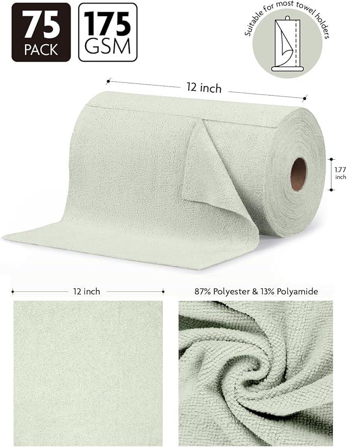 Fantasticlean Microfiber Cleaning Cloth Roll -75 Pack, Tear Away Microfiber Towels, 12" x 12", Reusable, Washable, Scratch Free, Ultra Absorbent Dishcloth for Home Supplies, Car, Pet (Moss Green) - NeatNest