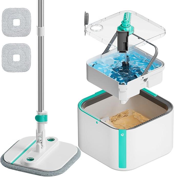 Upgraded Spin Mop and Bucket Set Self-Standing Mop Bucket Separate Dirty and Clean Water System Self Wringing 360° Rotating 90° Foldabl Mops and Buckets for Floor Cleaning (Blue, 2Pads) - NeatNest
