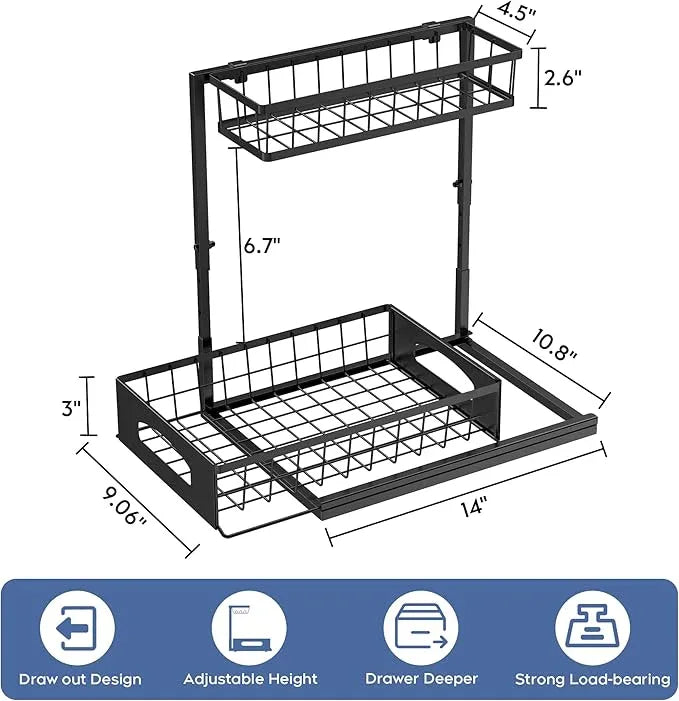 Under Sink Organizer , 2 Pack Height Adjustable Cabinet Organizer with Slide Out Drawer, Pull Out Under Sink Storage, Multi-Purpose 2 Tier Sink Shelves for Kitchen Bathroom Pantry (Black, 2 Pack) - NeatNest