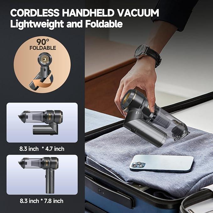 Car Vacuum Portable Cordless, Foldable Handheld Vacuum with Brushless Motor, 22000PA High Power Mini Hand Vacuum Cleaner & Air Blower & Duster & Pump for Home, Pet, Office - NeatNest