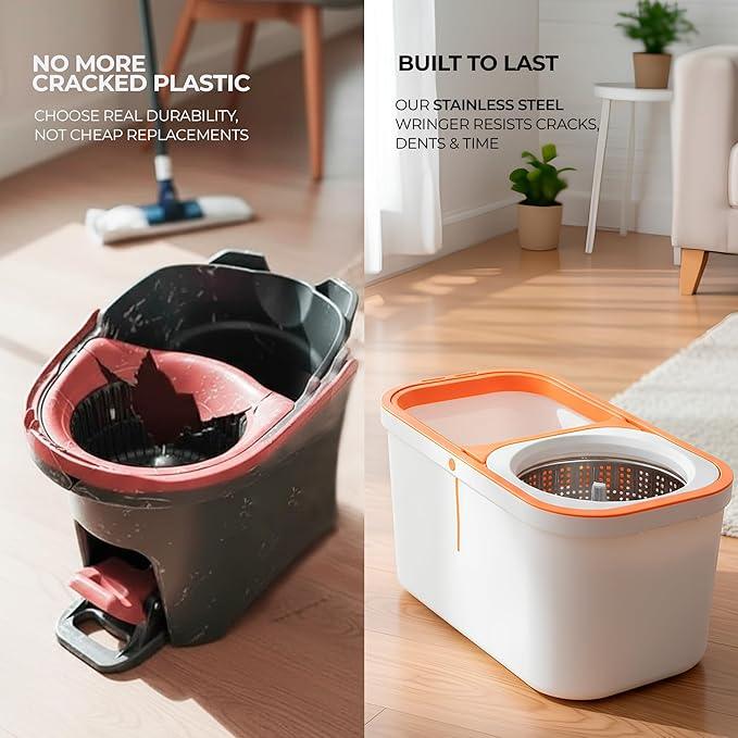 Spin Mop and Bucket Set Cleaning System Wringer 360 Microfiber Mop with Stainless Steel Handle Self Wringing Bucket for Tile Hardwood Laminate Floors Includes 2 Mop Head Refills - NeatNest