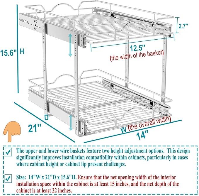 OCG 2 Tier Pull Out Cabinet Organizer (14" W x 21" D), Pull Out Drawers for Kitchen Cabinets, Pull Out Shelves for Base Cabinet Organization in Kitchen Bathroom Pantry, Chrome Finish - NeatNest